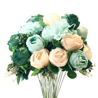 SOGA 3pcs Artificial Silk with 15 Heads Flower Fake Rose Bouquet Table Decor Blue