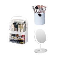 SOGA 3 Tier White Countertop Cosmetic Makeup Brush Lipstick Holder Organiser and 20cm Rechargeable LED Light Tabletop Mirror Set