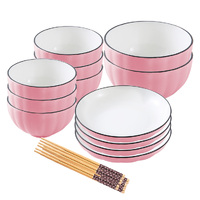 SOGA Pink Japanese Style Ceramic Dinnerware Crockery Soup Bowl Plate Server Kitchen Home Decor Set of 12