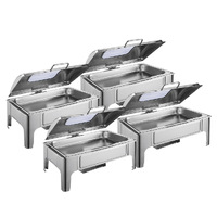 SOGA 4X 9L Rectangular Stainless Steel Soup Warmer Roll Top Chafer Chafing Dish Set with Glass Visual Window Lid